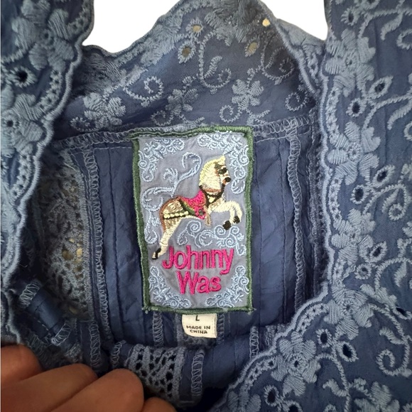 Johnny Was Brigita Embroidered Lace Pintuck Boho Blouse Blue Size L P25 - Picture 8 of 9